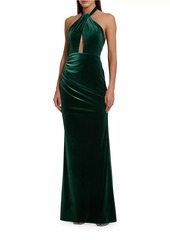 Mac Duggal Draped Velvet Halter Column Gown