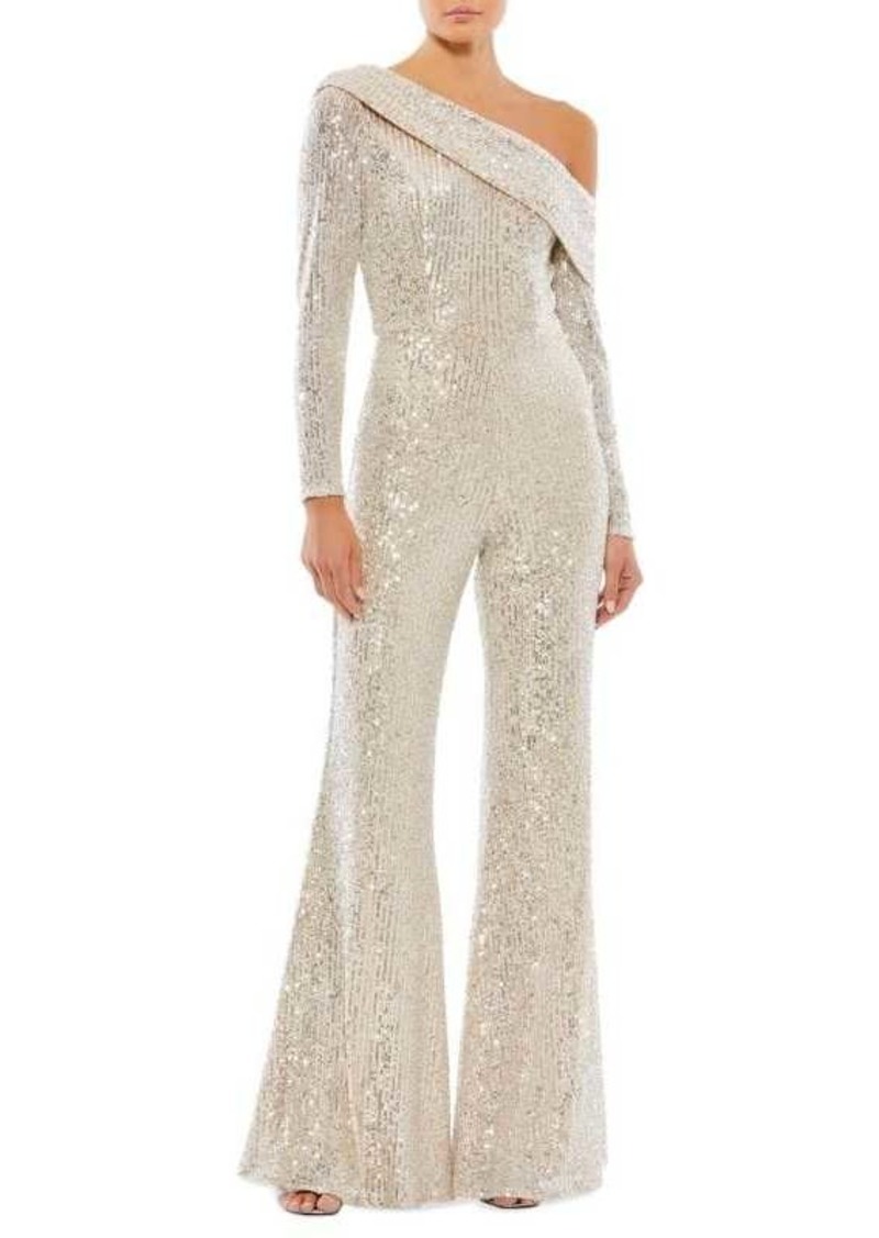 Mac Duggal Drop Shoulder Sequin Flare Jumpsuit