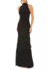 Mac Duggal Feathered Jersey Halter Gown