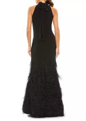 Mac Duggal Feathered Jersey Halter Gown