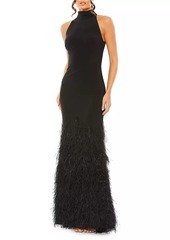 Mac Duggal Feathered Jersey Halter Gown