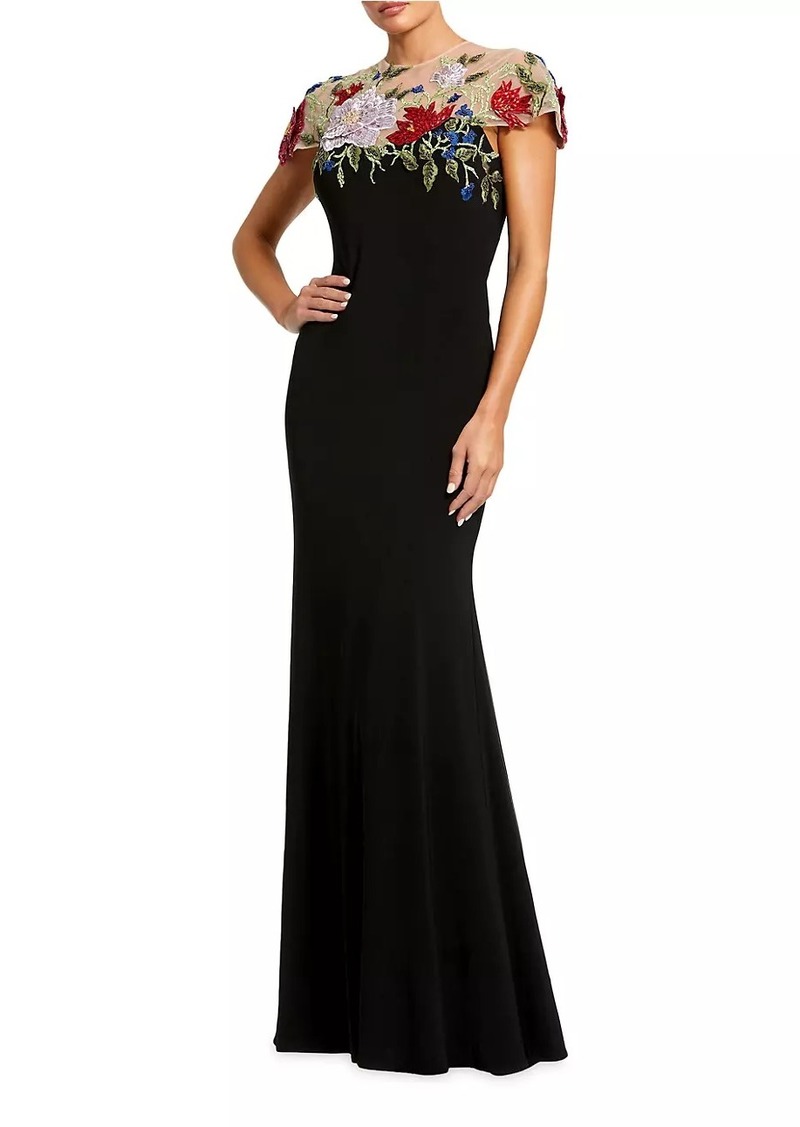 Mac Duggal Floral-Embroidered Jersey Gown