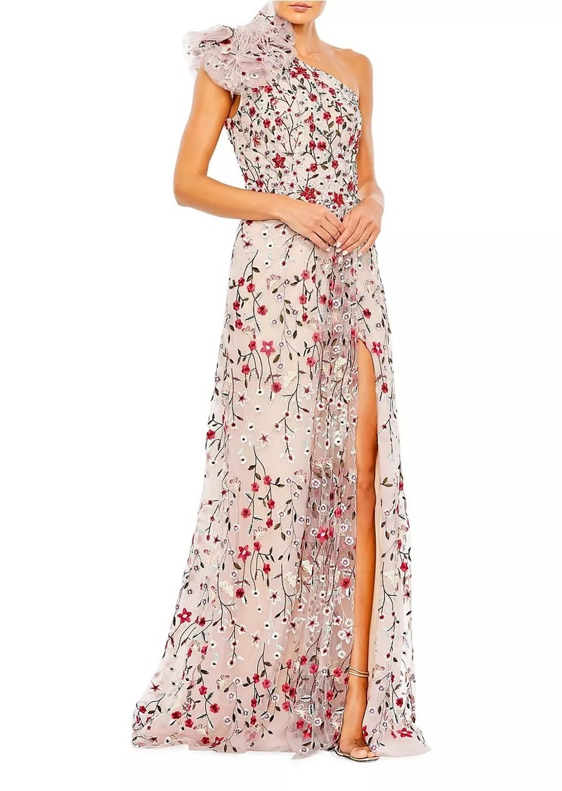 Mac Duggal Floral Embroidered One-Shoulder Gown