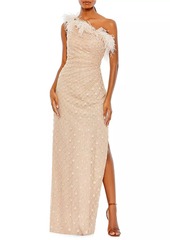 Mac Duggal Floral Feather-Trimmed One-Shoulder Column Gown