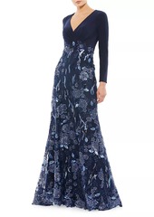 Mac Duggal Floral Sequin Long-Sleeve Gown