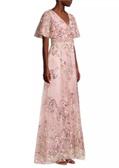 Mac Duggal Flutter Sleeve Floral Gown