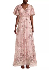 Mac Duggal Flutter Sleeve Floral Gown