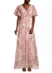 Mac Duggal Flutter Sleeve Floral Gown