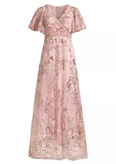 Mac Duggal Flutter Sleeve Floral Gown