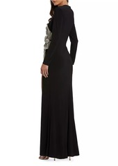 Mac Duggal Jersey Beaded Floral Long-Sleeve Gown