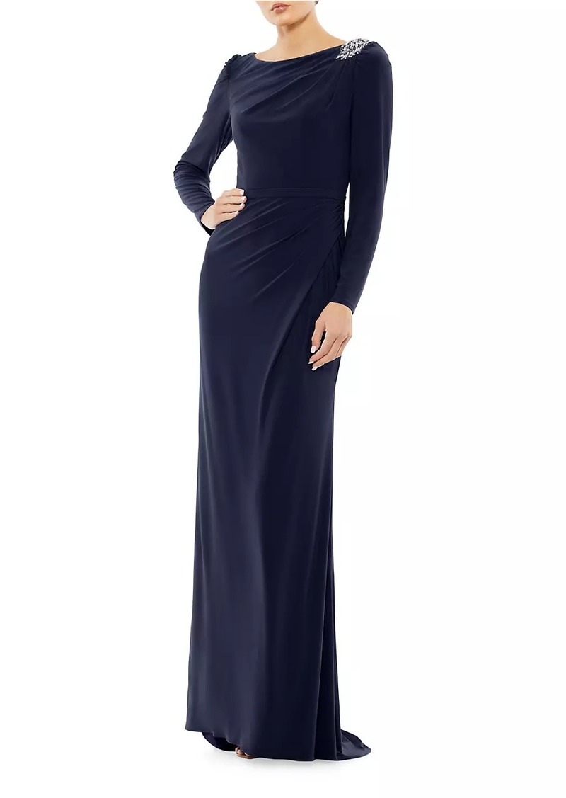 Mac Duggal Jersey Embellished Shoulder A-Line Gown