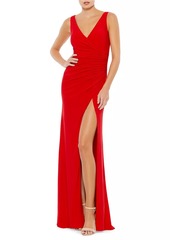 Mac Duggal Jersey Faux Wrap Ruched Slip Gown