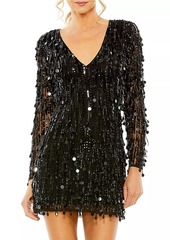 Mac Duggal Long-Sleeve Beaded Fringe Minidress