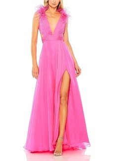 Mac Duggal A-Line V Neck Feathered Collar Gown