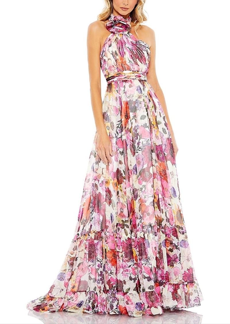 Mac Duggal Asymmetrical Ruffled Halter Floral Gown