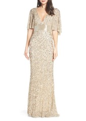 Mac Duggal Beaded Capelet Sleeve Column Gown in Nude/Gold at Nordstrom