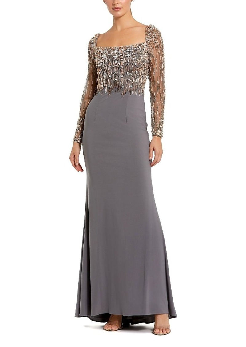 Mac Duggal Beaded Embellished Square Neck Long Sleeve Jersey Gown