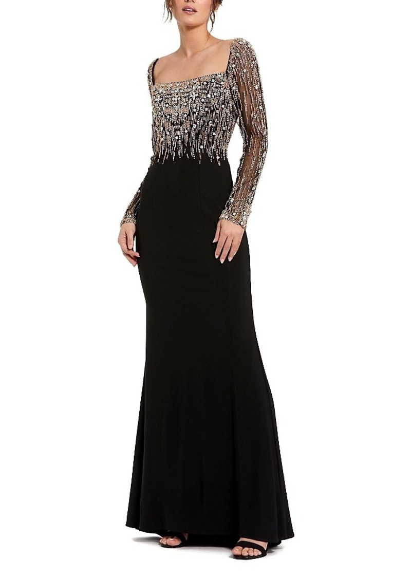 Mac Duggal Beaded Embellished Square Neck Long Sleeve Jersey Gown