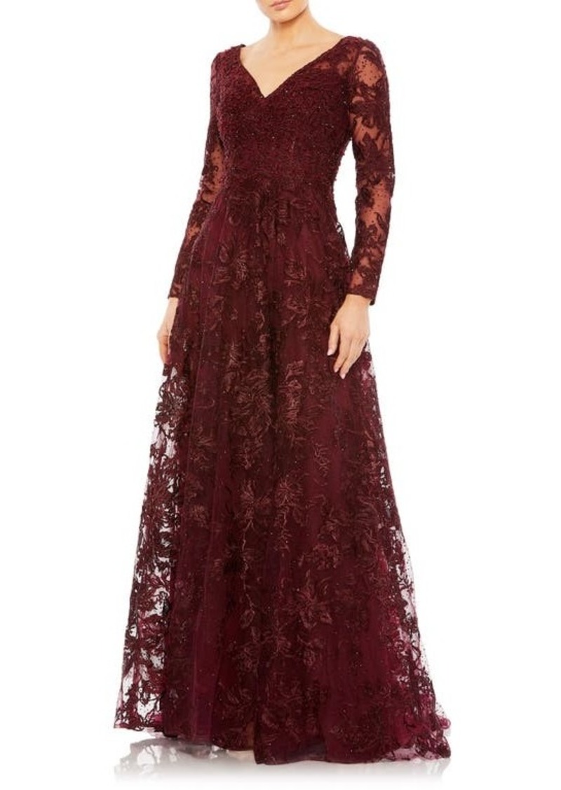 Mac Duggal Beaded Floral Embroidered Long Sleeve A-Line Gown