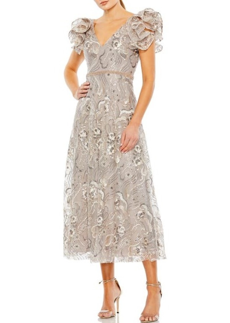 Mac Duggal Beaded Floral Ruffle Sleeve A-Line Dress