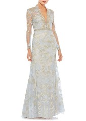 Mac Duggal Beaded Queen Anne Lace Long Sleeve Trumpet Gown