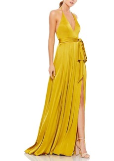 Mac Duggal Charmeuse Halter Strap Soft Tie Waist Gown