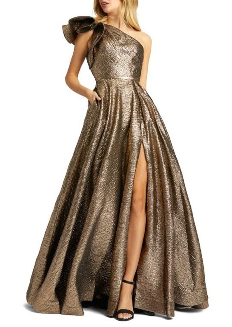 Mac Duggal Crinkle Metallic Ruffle One Shoulder Gown
