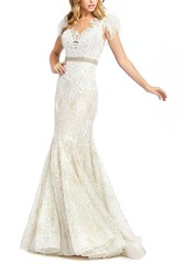 Mac Duggal Embellished Feather Cap Sleeve Illusion Neck Trumpet Gown
