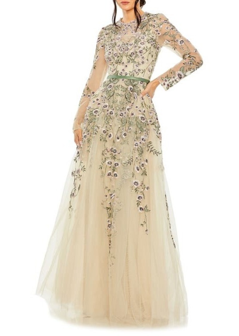 Mac Duggal Embellished Floral Long Sleeve Gown