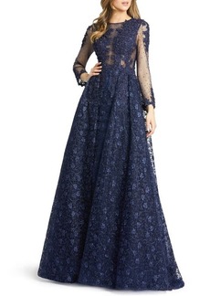 Mac Duggal Embellished Lace Long Sleeve Ball Gown