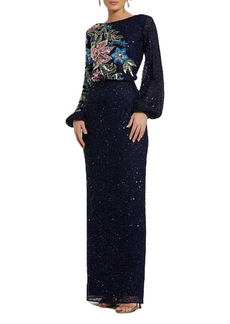 Mac Duggal Embellished Multi Color Floral High Neck Gown