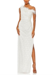 Mac Duggal Embellished One Shoulder Feathered Gown