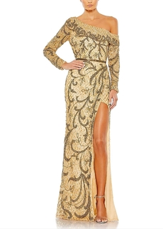 Mac Duggal Embellished One Shoulder Long Sleeve Faux Wrap Gown