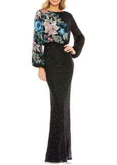 Mac Duggal Embellished Sequin Long Sleeve Blouson Gown
