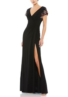 Mac Duggal Embellished Sleeve Jersey Wrap Gown