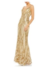Mac Duggal Embellished Sleeveless Plunge Neck Low Back Gown