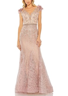 Mac Duggal Embroidered Illusion Appliqued Bodice Trumpet Gown