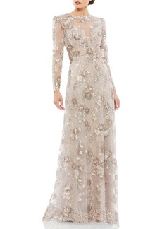 Mac Duggal Embroidered Tulle & Lace Long Sleeve Gown