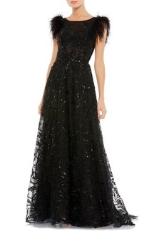 Mac Duggal Feather Cap Sleeve A-Line Gown