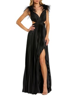 Mac Duggal Feather Detail Cutout Pleated Gown