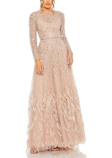 Mac Duggal Feather Detail Embellished Sequin Gown