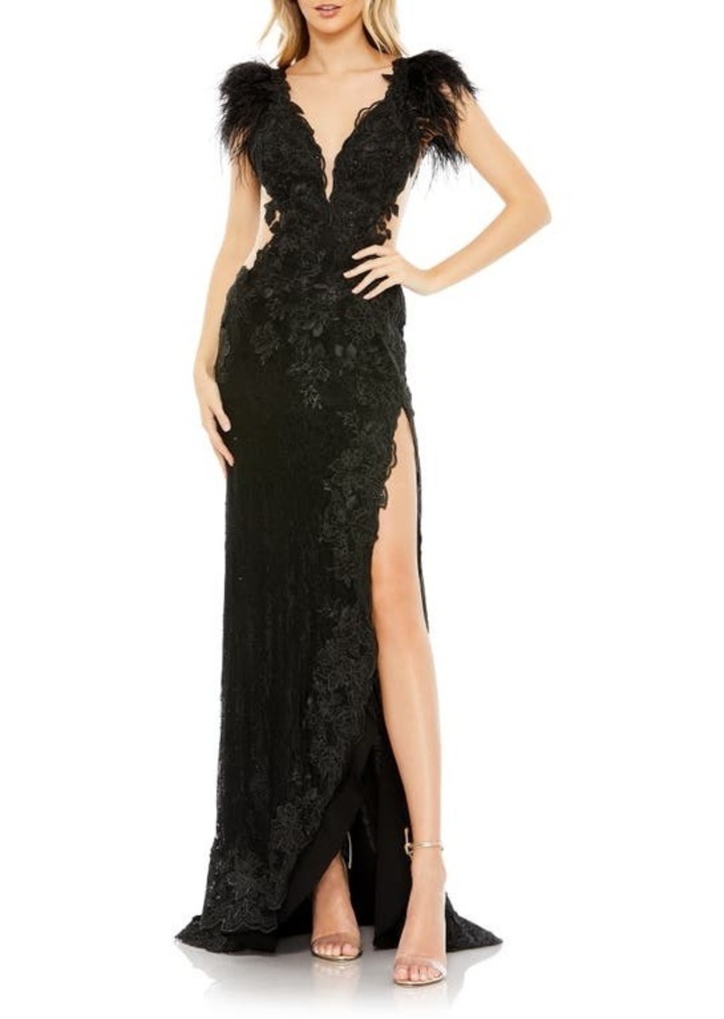 Mac Duggal Feather Trim Floral Cutout Lace Gown