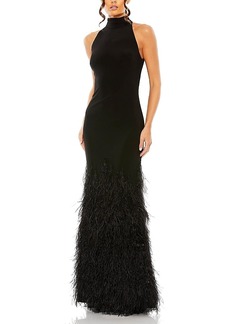 Mac Duggal Feather Tiered Detail Jersey Halter Gown
