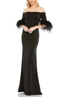 Mac Duggal Feather Trim Off The Shoulder Column Gown