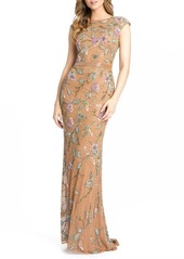 Mac Duggal Floral Beaded Tulle Column Gown in Caramel at Nordstrom