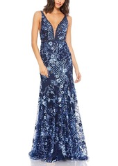 Mac Duggal Floral Embellished Sleeveless Plunge Neck Gown