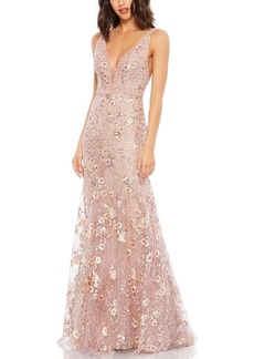 Mac Duggal Floral Embellished Sleeveless Plunge Neck Gown