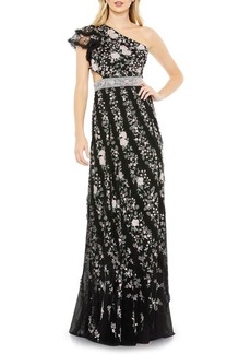 Mac Duggal Floral Embroidered Ruffle One-Shoulder Gown