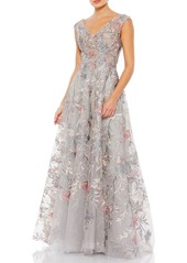 Mac Duggal Floral Embroidered V-Neck Tulle Ballgown