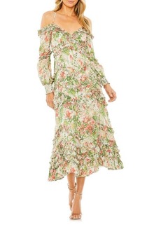 Mac Duggal Floral Print Ruffle Cold Shoulder Long Sleeve Midi Dress